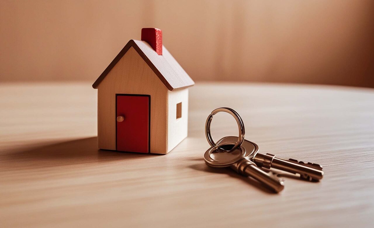 A wooden house model with keys on a table.