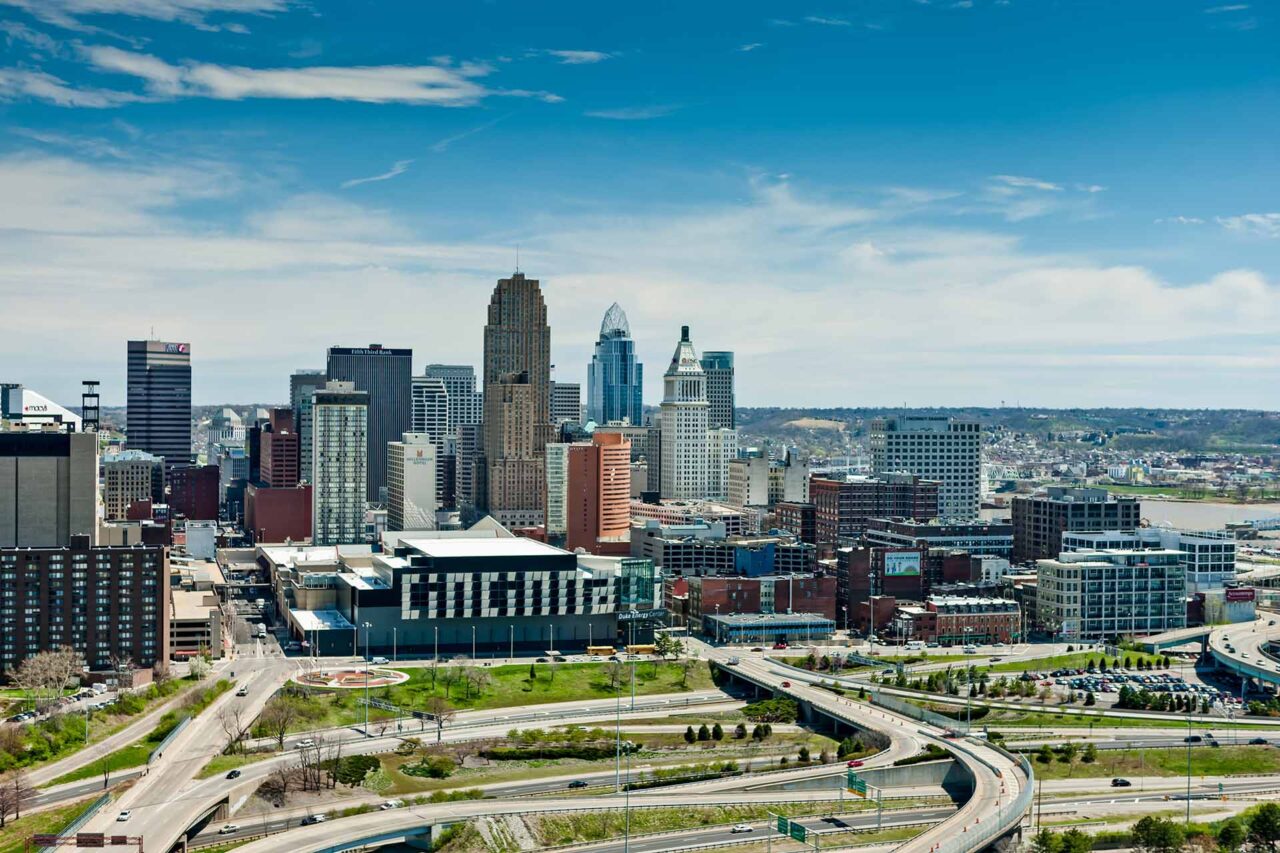 Aerial View of Cincinnati Ohio including the Ohio River and I-75