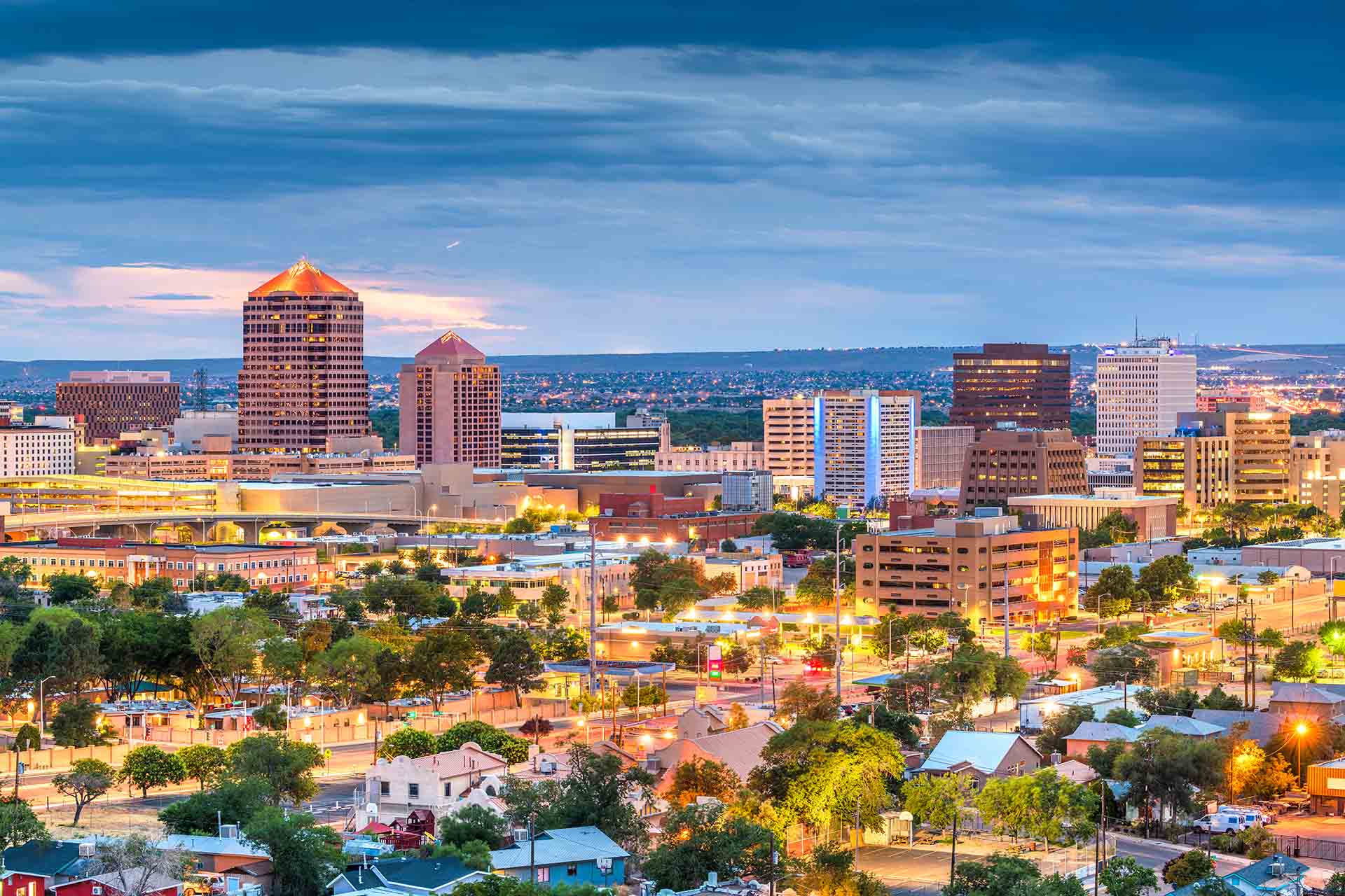 Albuquerque, New Mexico, USA downtown cityscape at twilight.