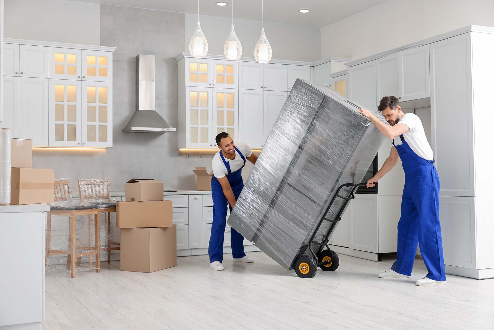 Male movers carrying refrigerator in new house