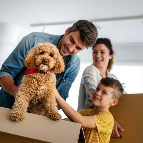 Happy family unpacking boxes in new home on moving day. People, real estate, new home concept