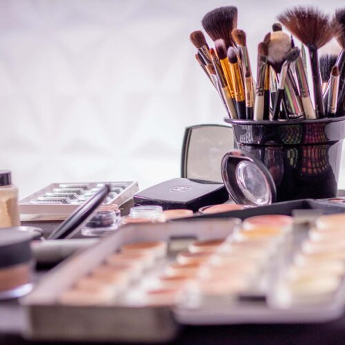 makeup and brushes on the table