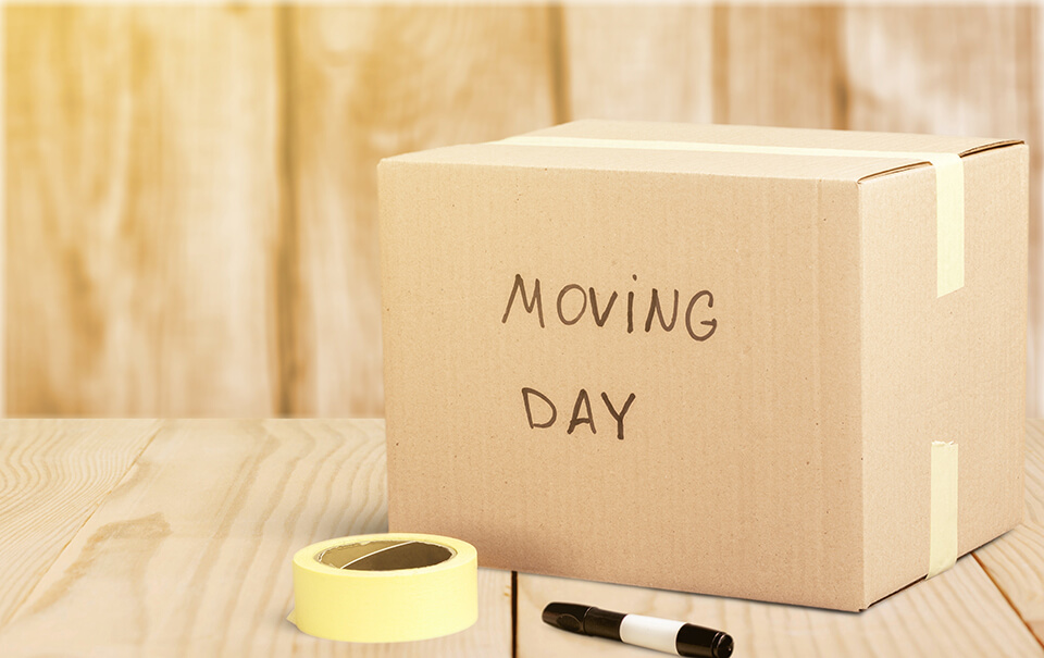 Cardboard Box labelled moving day for long distance moving