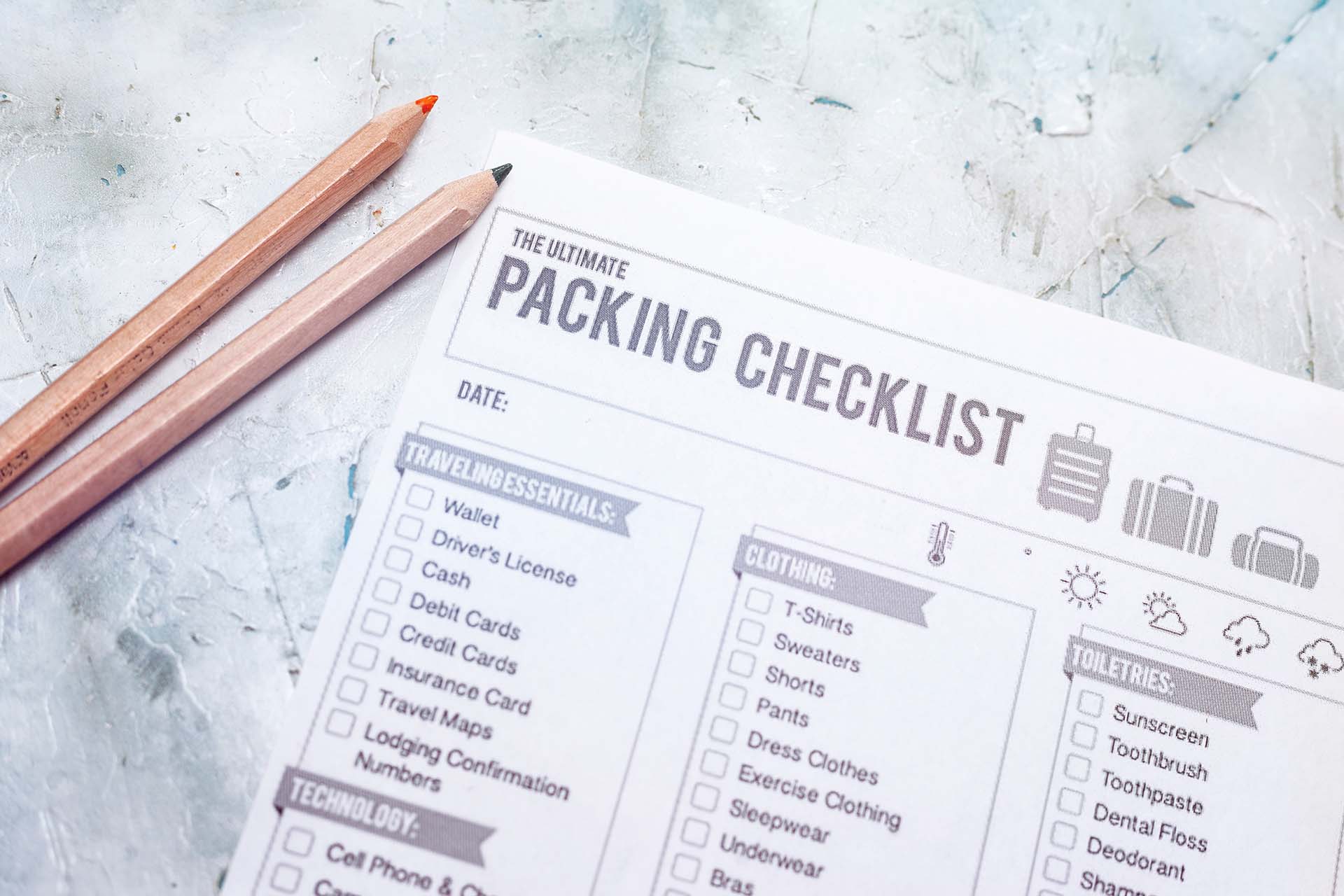 packing checklist. Preparation for vacation. To-do list for traveller before trip. Planning ahead tourist must have items