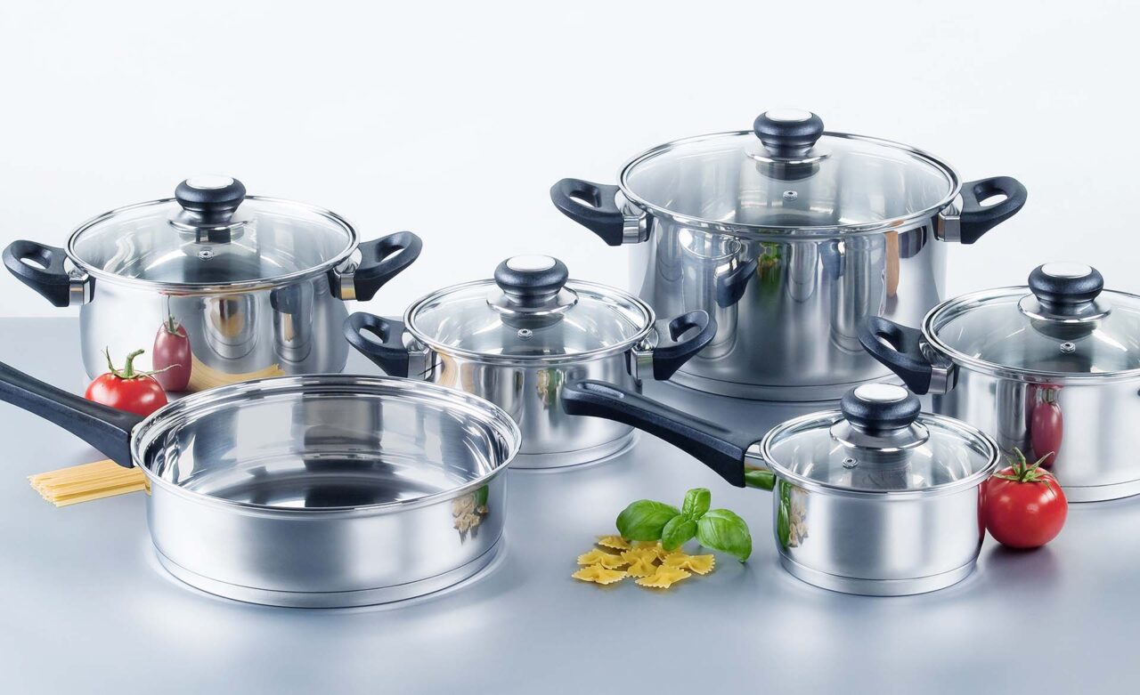 Set of stainless steel pots and pans