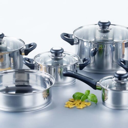 Set of stainless steel pots and pans